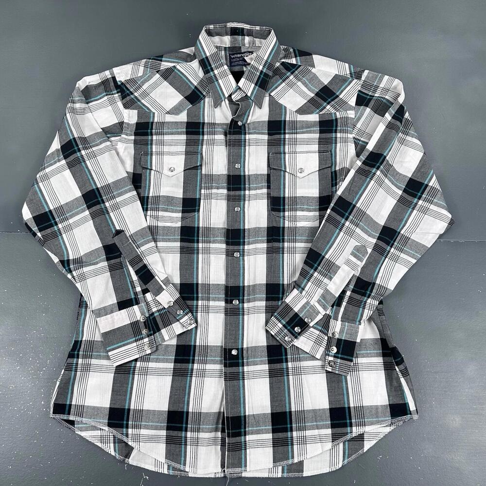 VTG Wrangler Shirt Men Large White Black Turquoise Plaid Pearl Snap USA Made 90s - Picture 2 of 8